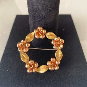 Krementz Gold Plated Round Leaf, Rose Pin Brooch, Signed